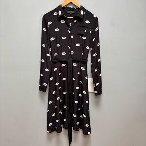Vintage American Retro Lip Print Long Sleeve Silk Dress S